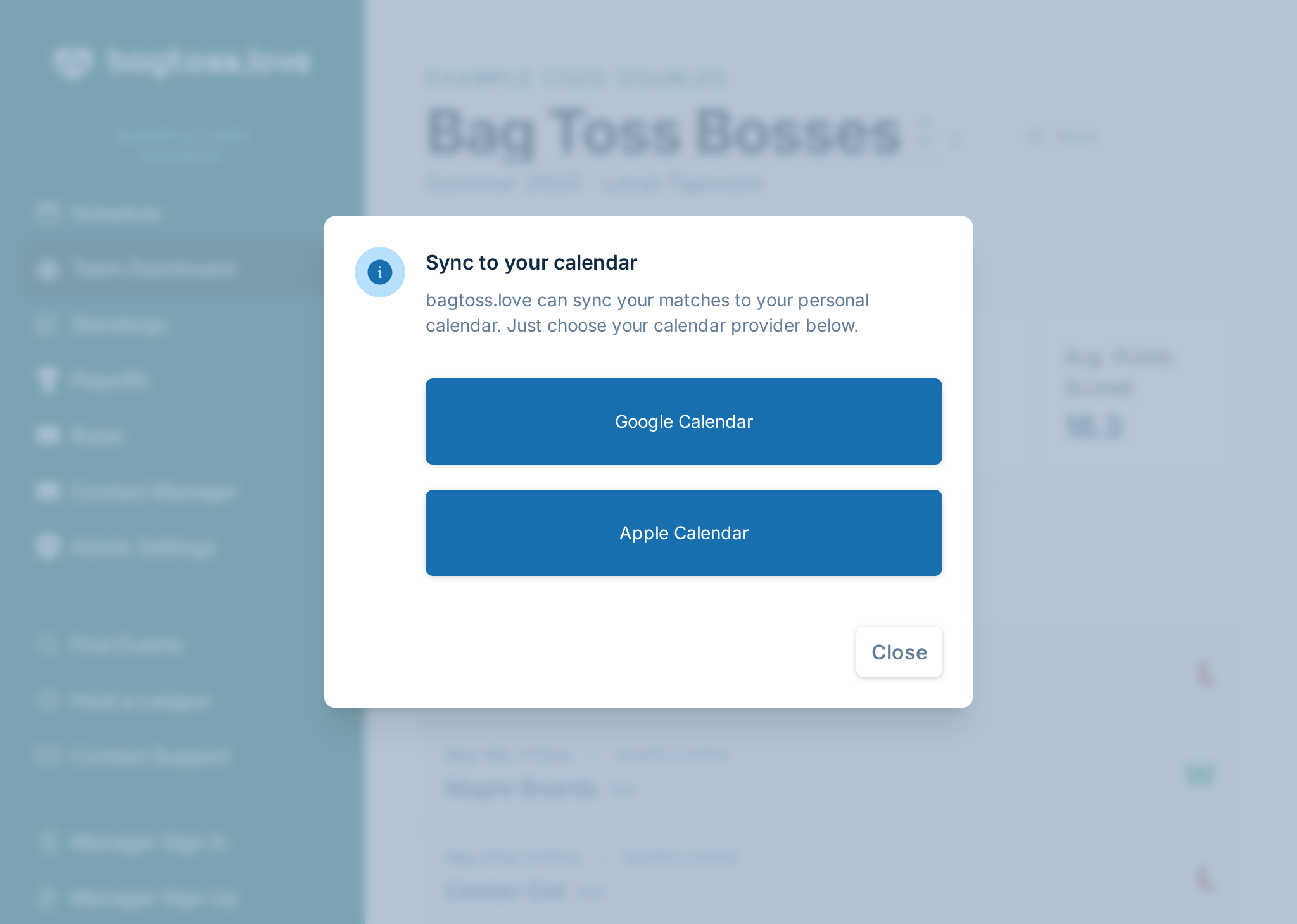 A screenshot showing the options of subscribing to a team calendar, which allows syncing to Google Calendar and Apple Calendar