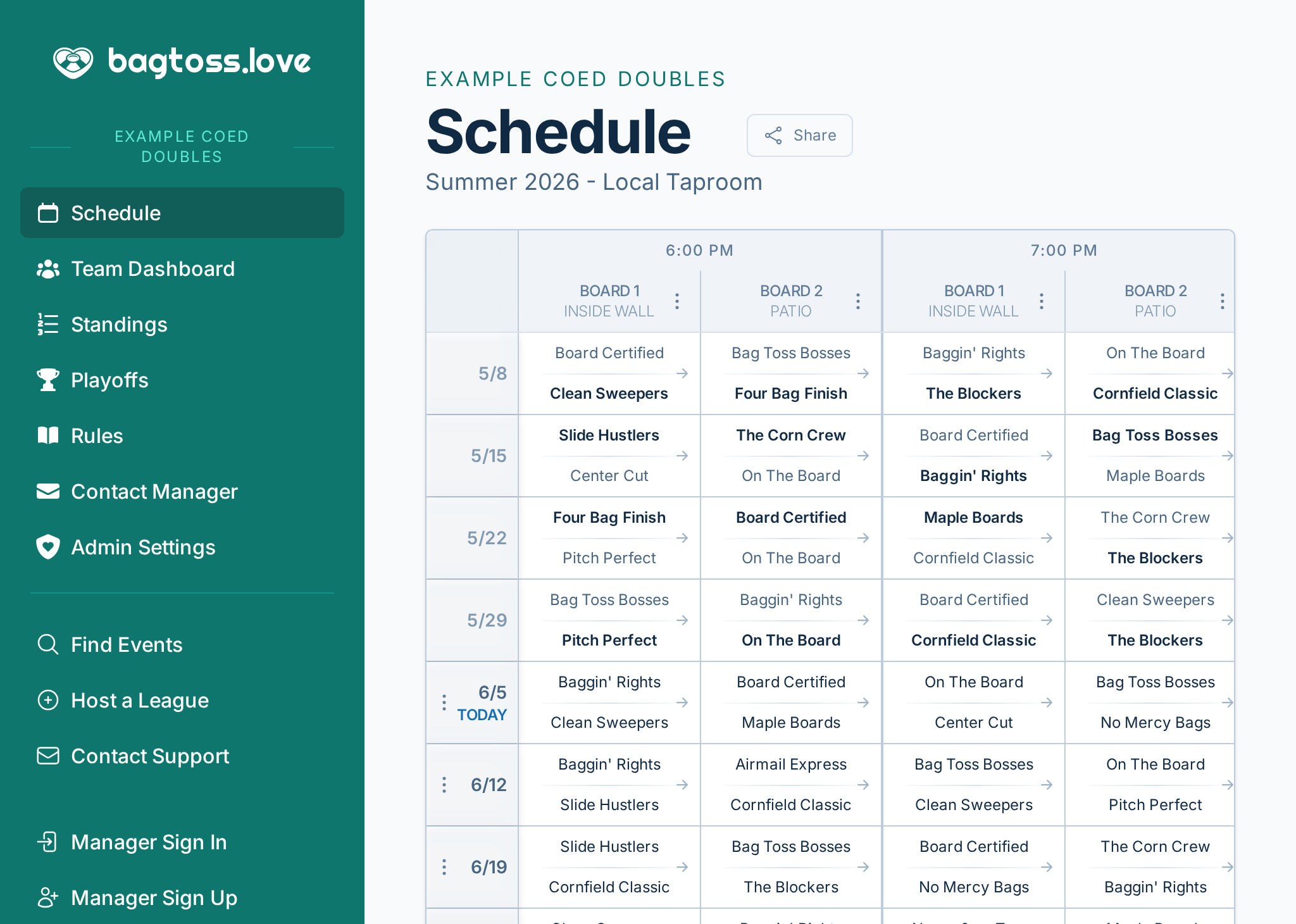 bagtoss.love schedule screenshot