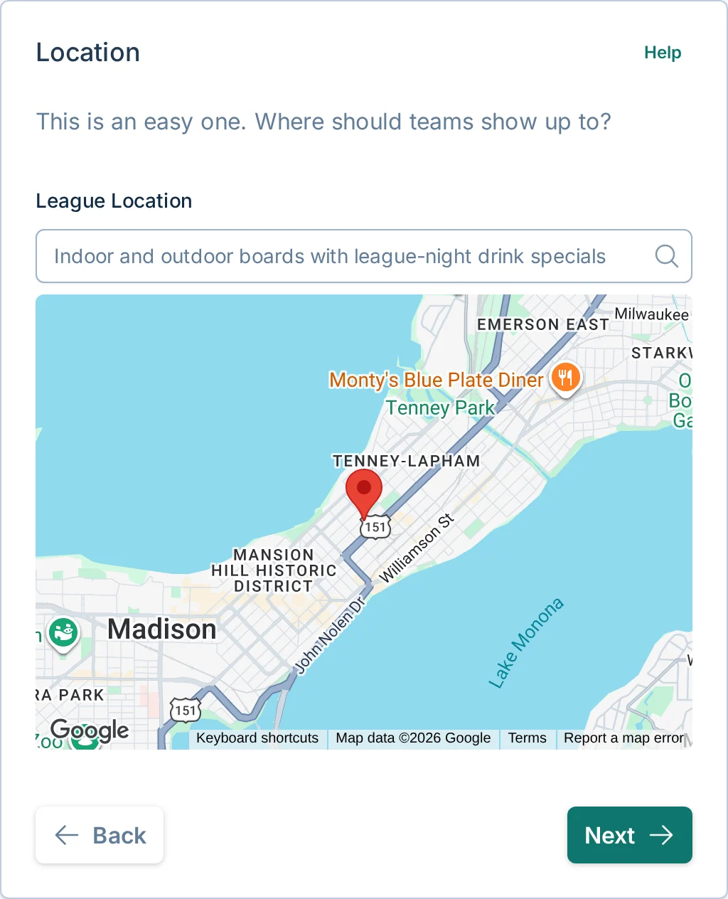 Create league location step in bagtoss.love, a cornhole venue and scheduling tool