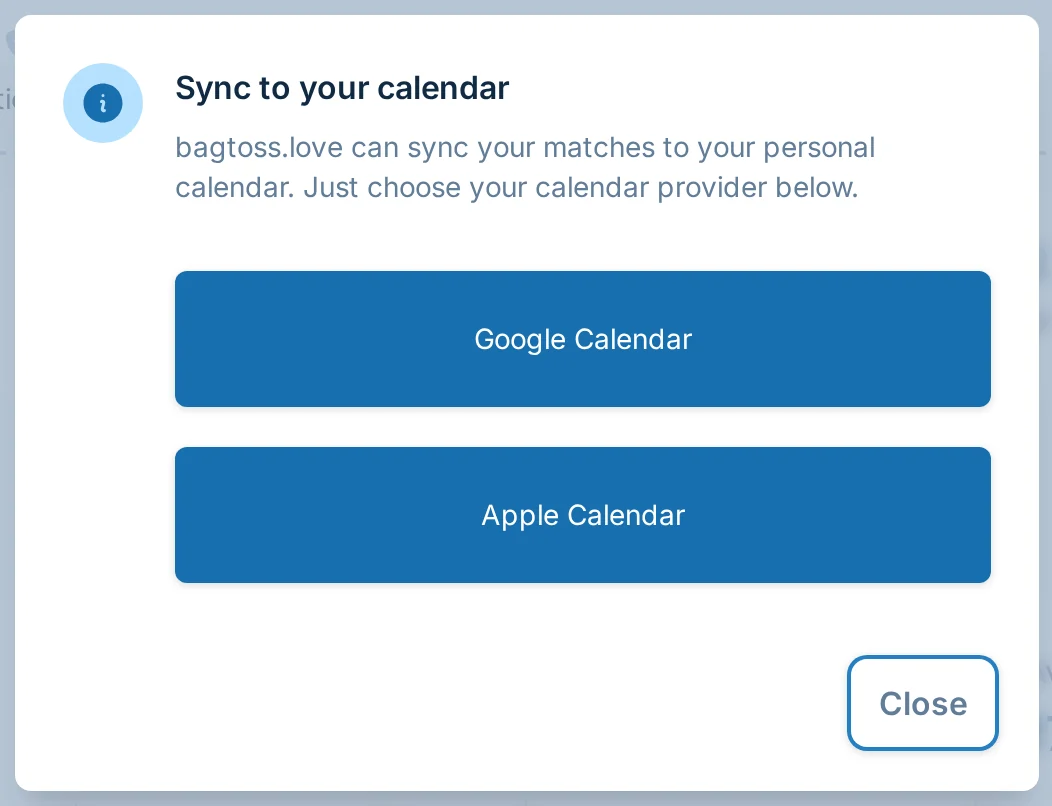 Calendar sync dialog on the bagtoss.love team dashboard for a cornhole league