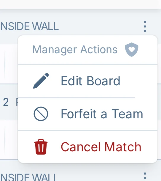 Mobile cancel match menu in bagtoss.love, a cornhole game-day management app