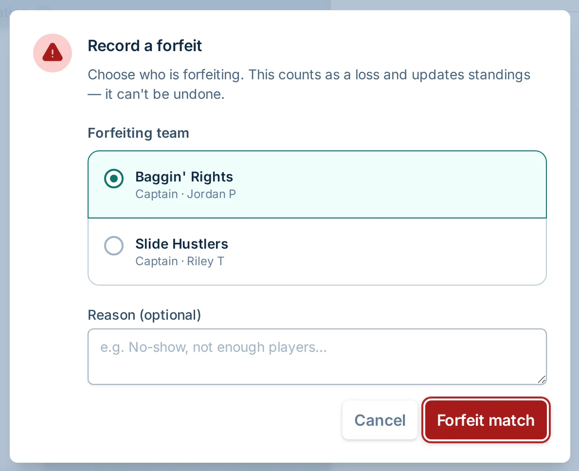 Forfeit or no-show dialog in bagtoss.love, a cornhole league score reporting app