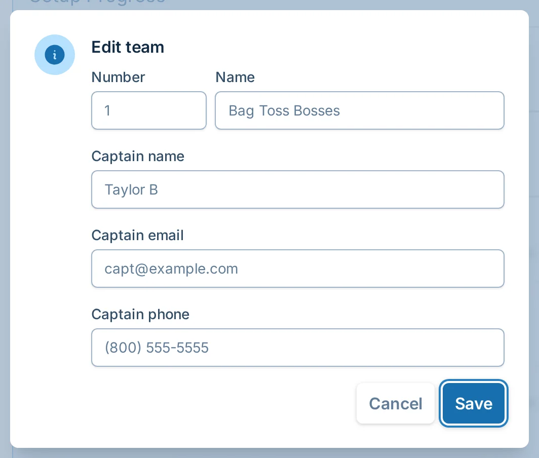 Edit team dialog in bagtoss.love, a cornhole league admin workspace