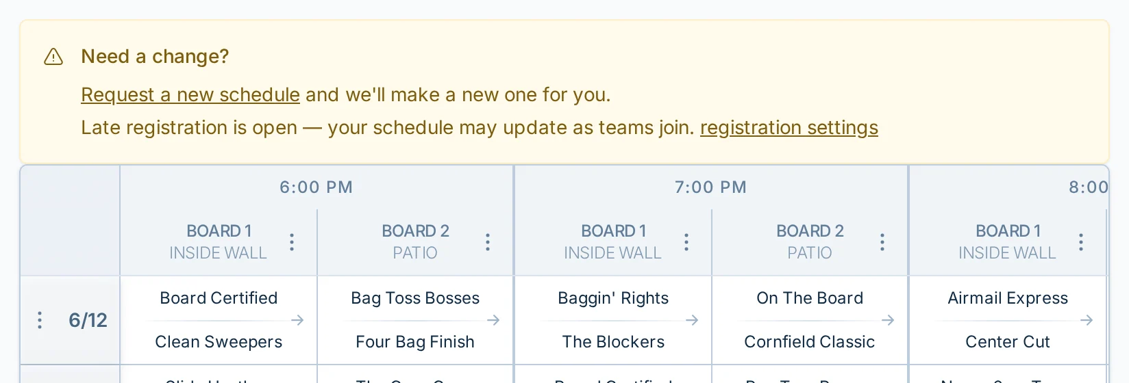 Late registration schedule change banner in bagtoss.love, a cornhole schedule adjustment tool