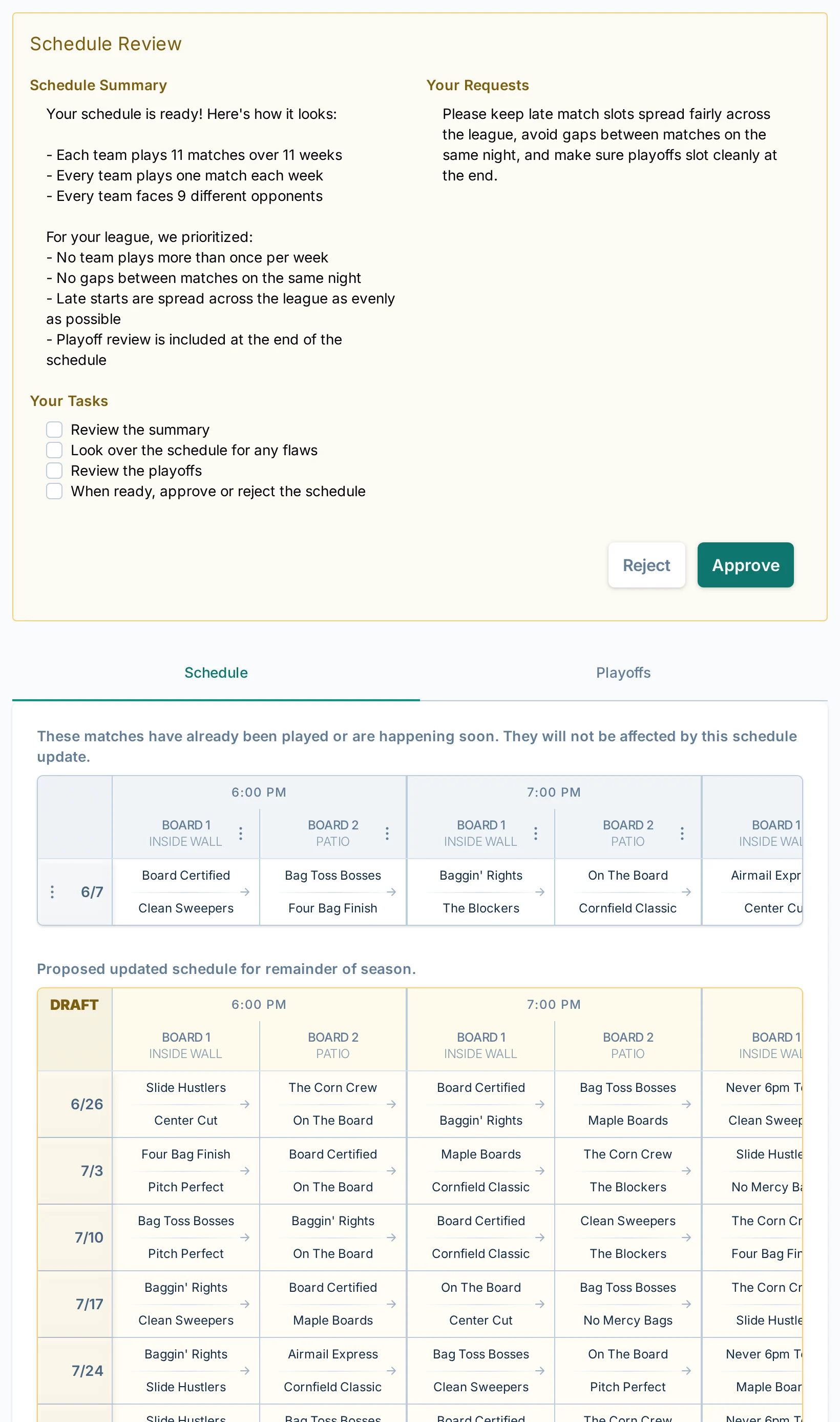 Late registration schedule review in bagtoss.love, a cornhole scheduling platform for late entries