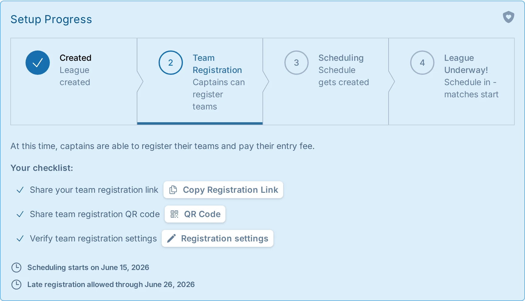 League setup progress bar in bagtoss.love, a cornhole registration workflow tool