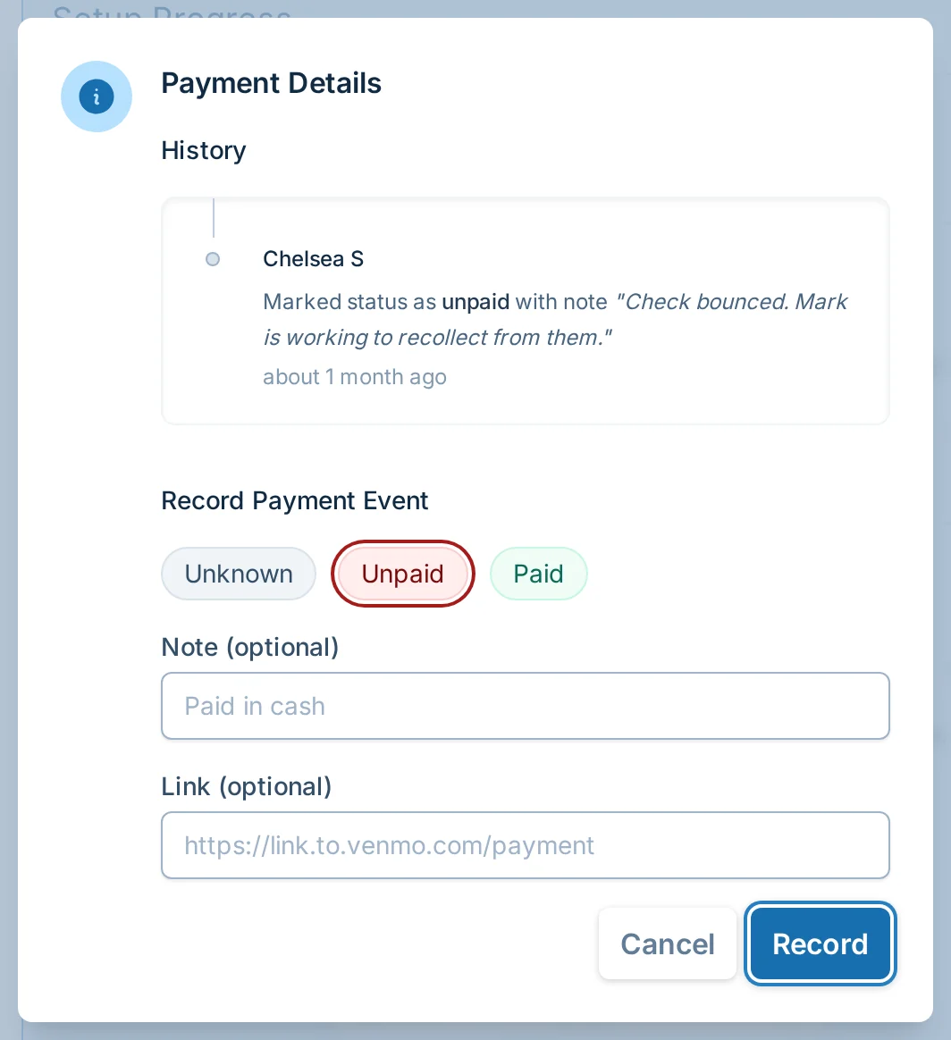 Team payment details dialog in bagtoss.love, a cornhole registration payments dashboard