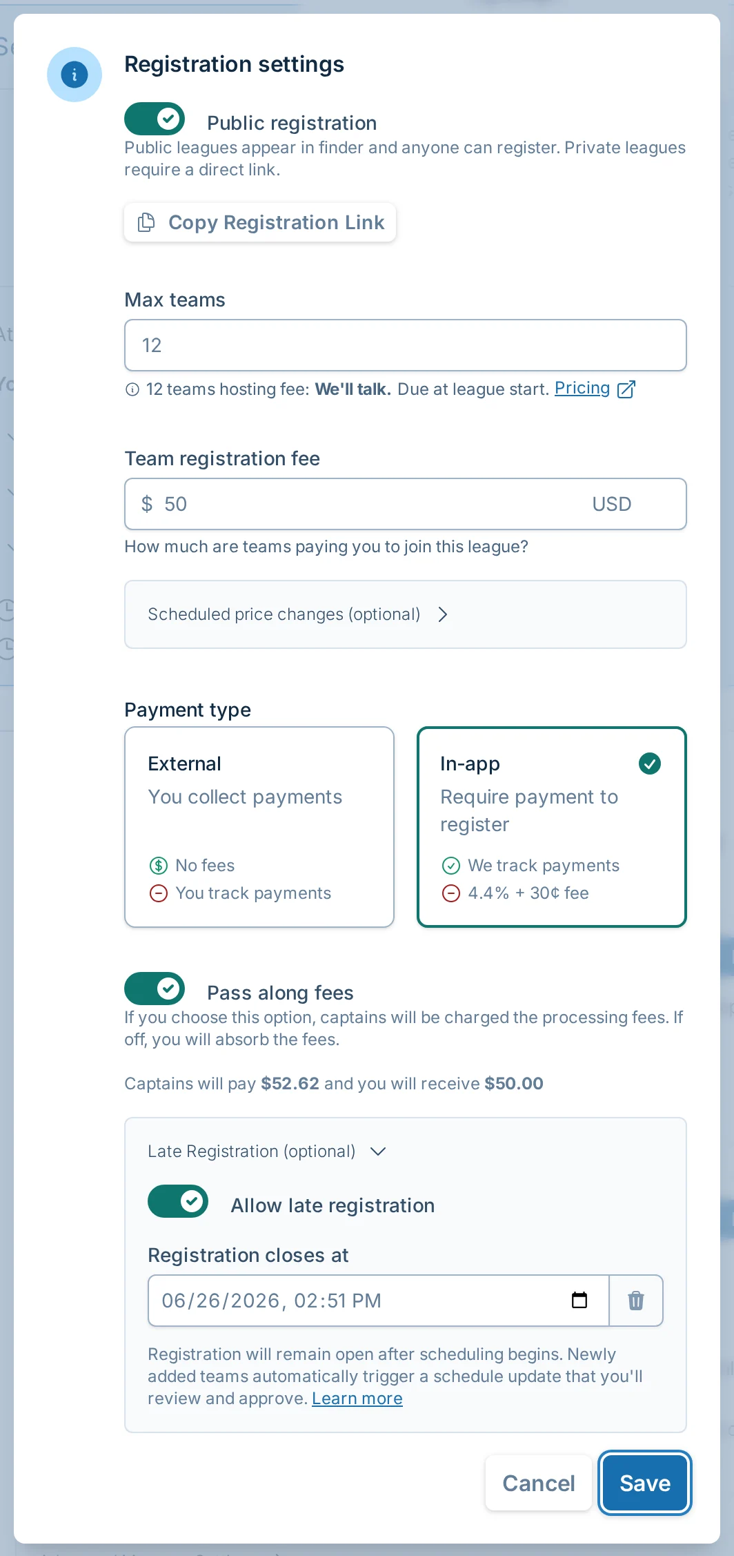 League registration settings in bagtoss.love, a cornhole registration and payments app
