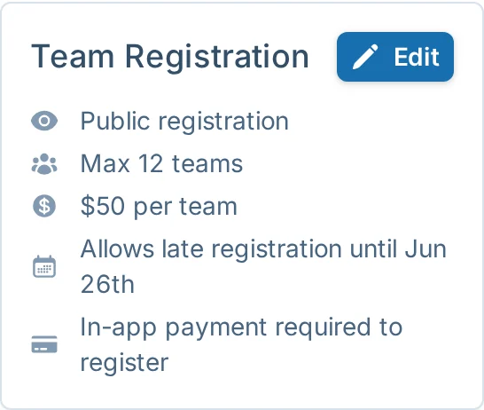 Team registration summary in bagtoss.love, a cornhole signup platform for league managers
