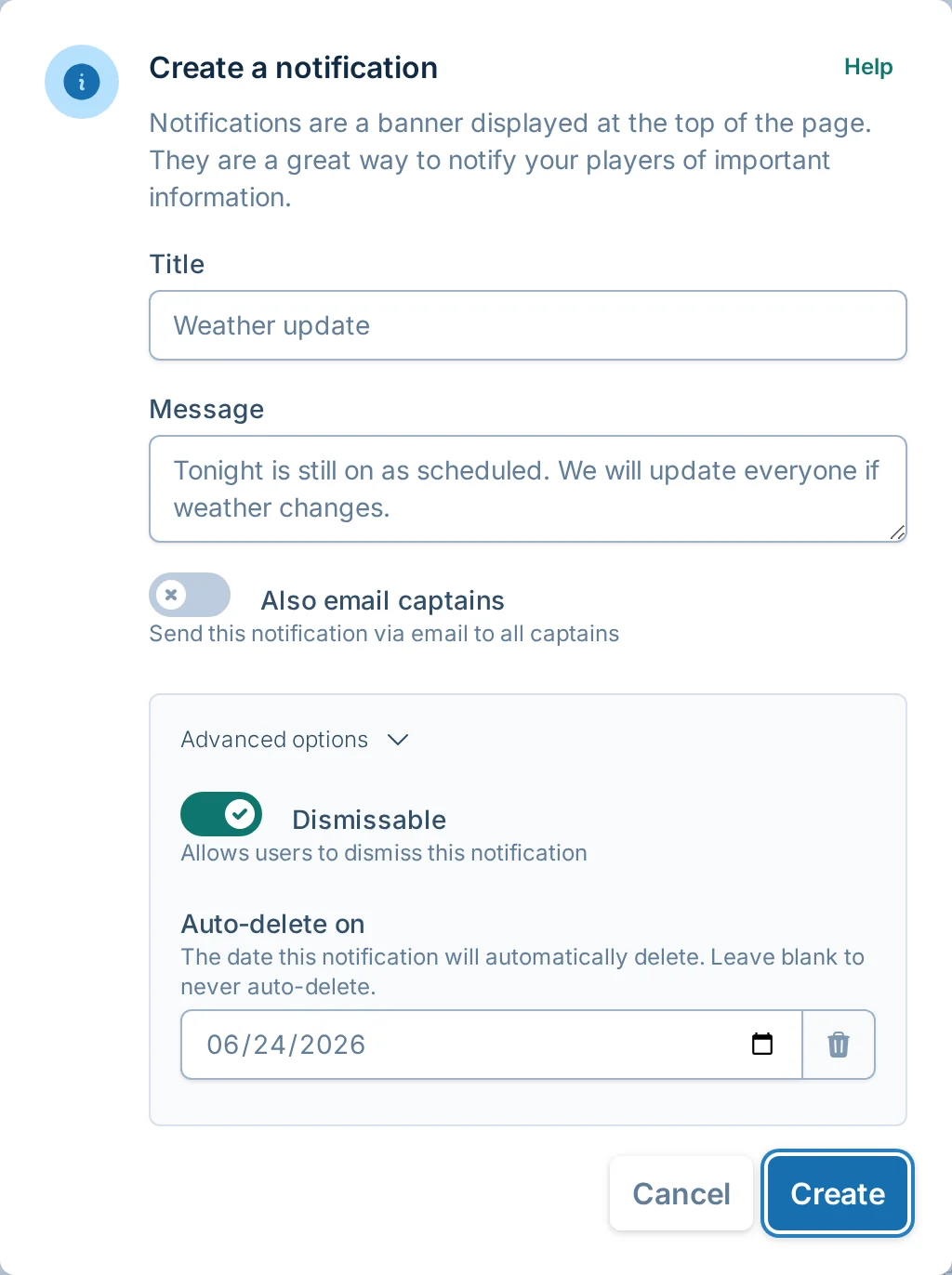 Notification advanced options in bagtoss.love, a cornhole league manager communication tool